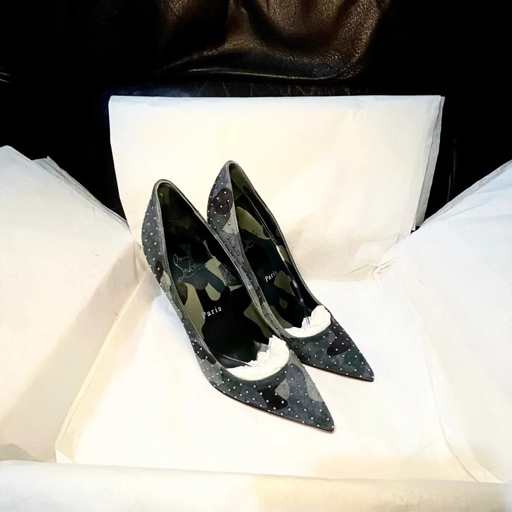 Christian Louboutin Kate 100 Studded blue green camouflage suede stiletto 38